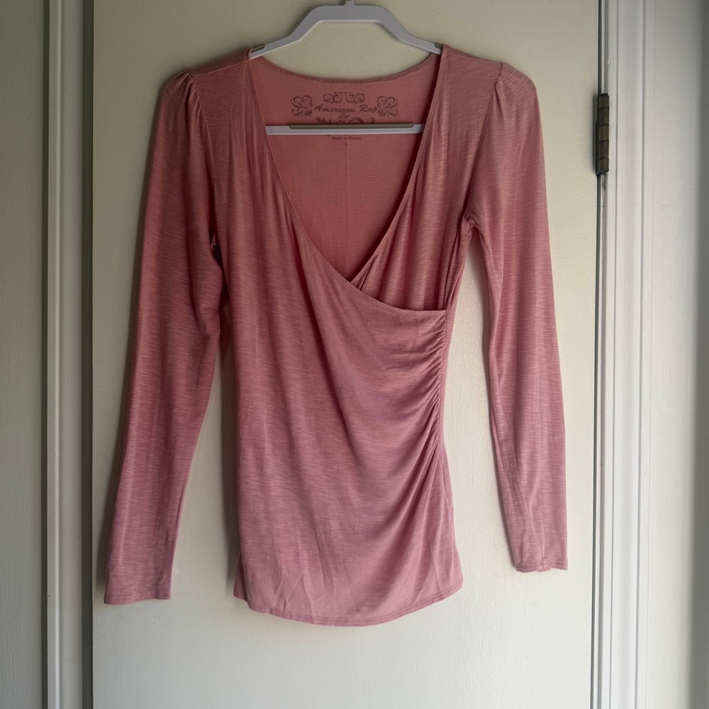American Rag Cie Pink Faux Wrap Long Sleeve Ruched Slub Knit Top Small